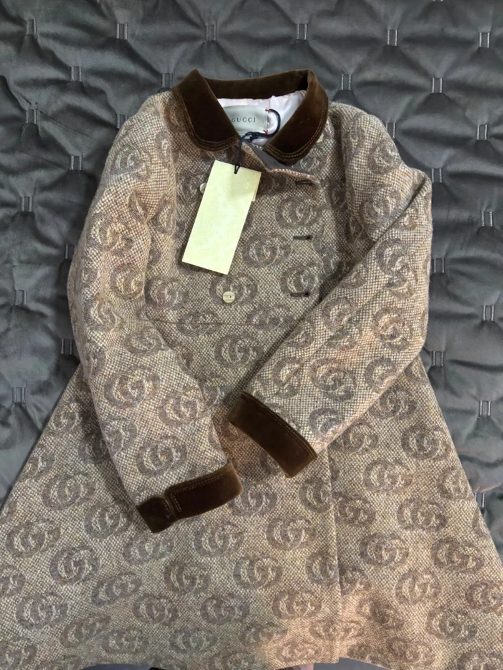 Gucci Brown GG Jacquard Double Breasted Kids Peacoat
